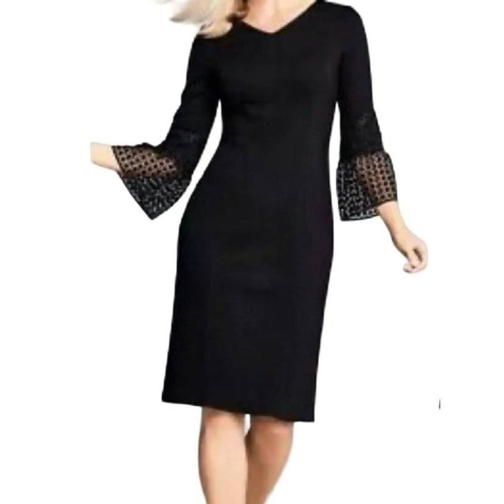 Talbots Forest Green Bell Sleeve Sheath Dress with Lace Bell Sleeves